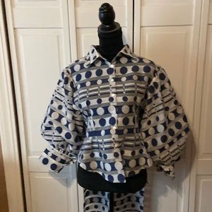 Blue and gray with dots button down blouse.